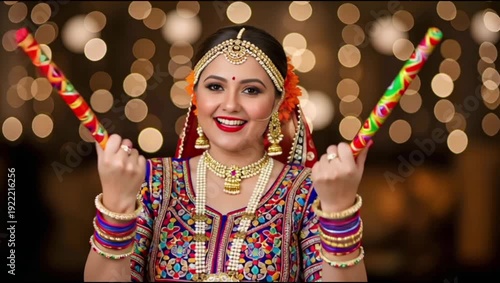 Young woman joyfully celebrating Diwali festival holding traditional Dandiya sticks at night with warm lights