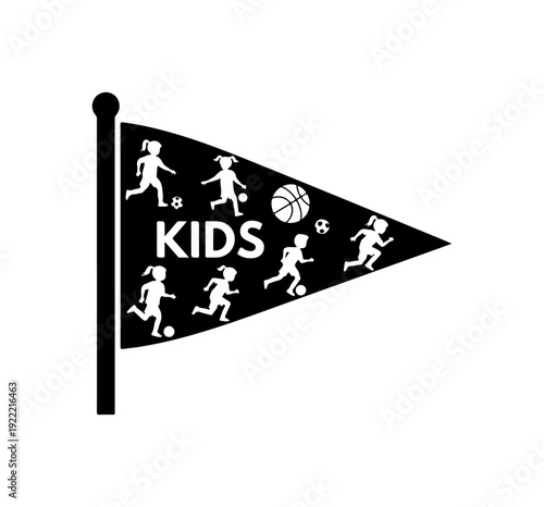 Black triangular flag with white kids playing sports illustration