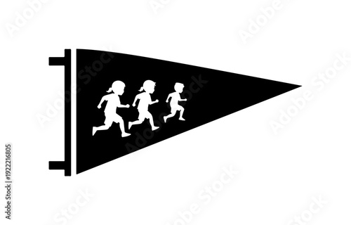 Modern triangular pennant flag with running figures symbolizing movement