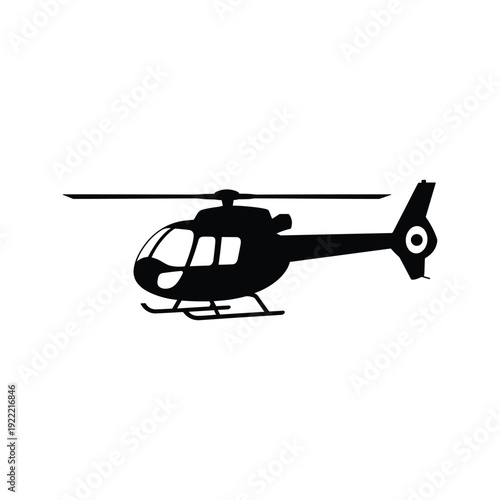 Black Silhouette of a Helicopter in Flight with Rotor Blades and Skids Isolated on White Background