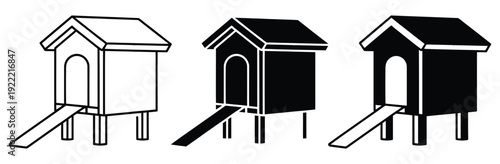 Wooden hut and chicken coop icon vector. Symbol for poultry farming, garden shed, rural shelter, and small barn house. Vector Illustration.