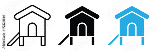 Wooden hut and chicken coop icon vector. Symbol for poultry farming, garden shed, rural shelter, and small barn house. Vector Illustration.