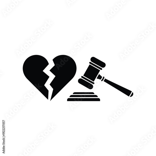 Broken Heart and Gavel Icon Symbolizing Divorce and Legal Separation Stock Illustration