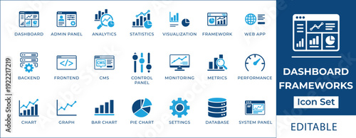 Dashboard frameworks icon set featuring admin panel, web app, frontend, backend, CMS, data visualization, performance metrics, and system control panel symbols.