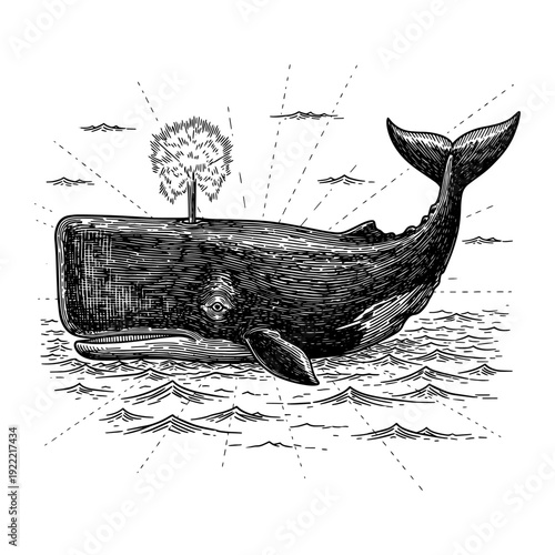 Sperm Whale Spouting in Ocean Waves Vintage Engraved Vector Illustration