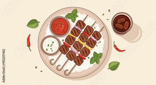 Delicious Grilled Meat Skewers with Sauces and Fresh Herbs.