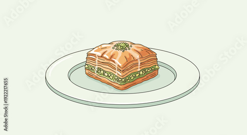 Illustration of a Delicious Baklava Pastry on a Plate.