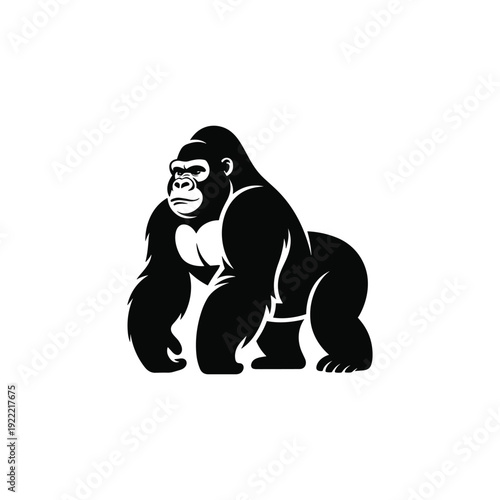 Gorilla Silhouette Standing Aggressively Isolated on White Background
