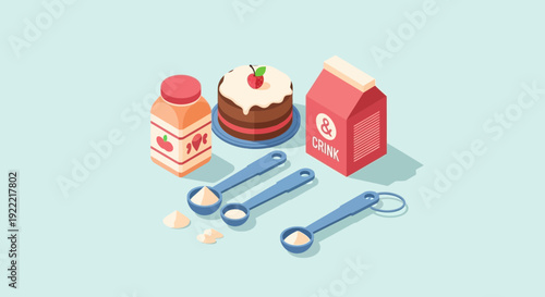 Isometric Cake Baking Ingredients Flour Sugar Milk and Measuring Spoons.