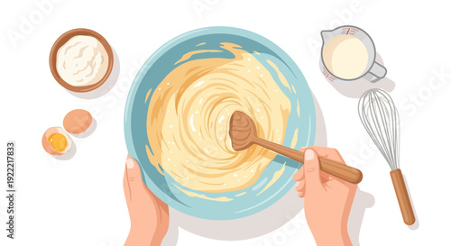 Mixing Batter Hands stirring ingredients in a bowl for baking.