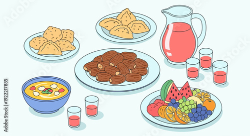 Ramadan Iftar Feast A Colorful Illustration of Traditional Dishes and Drinks.
