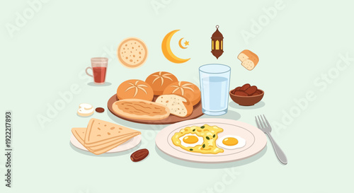 Ramadan Iftar Meal Illustration Traditional Food and Drink for Breaking Fast.