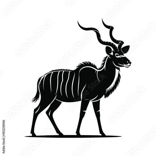 Kudu Antelope Silhouette with Striking Spiral Horns on White Background