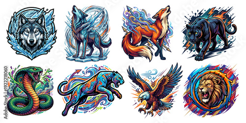 Vibrant Wild Animal Mascot Vector Illustration Bundle Featuring Wolf Lion Panther Eagle And Cobra