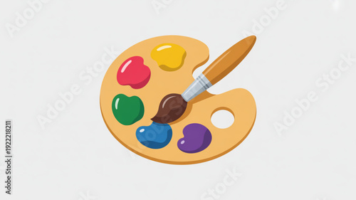 Colorful artist's paint palette with brush artistic tool for painting and drawing creatively