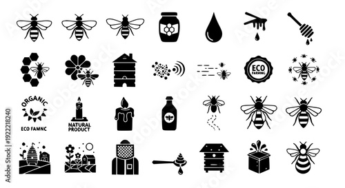 Modern Black Flat Bee Icon Collection for Organic and Eco Design Projects