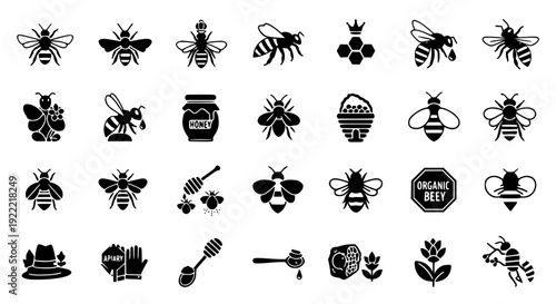 Bee Icons Black Flat Design Vector Set for Nature and Honey Branding
