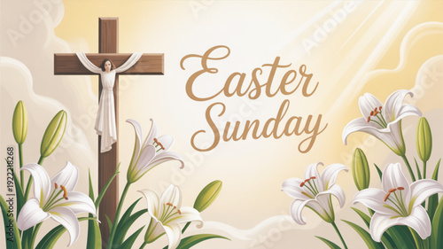 Easter sunday crucifixion scene with white lilies and clouds in warm light
