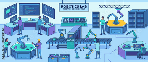 Modern robotics research and development lab vector illustration featuring engineers programming mechanical arms, automated conveyor belts, and server racks in a high-tech industrial facility.