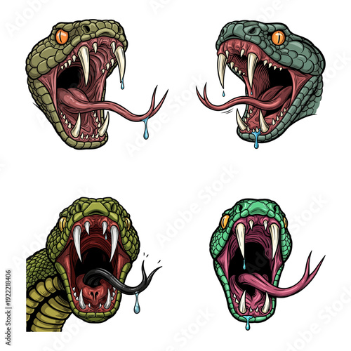 Aggressive Snake Head Set with Open Mouth Fangs and Forked Tongue Vector Illustrations