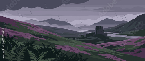 Flat Vector Illustration of a Traditional Scottish Highland Landscape Featuring a Medieval Castle, Purple Heather Moors, Misty Mountains, and a Winding River under a Stormy Rainy Sky in Scotland.
