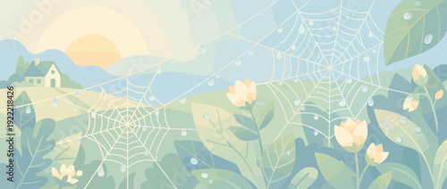 Flat vector illustration of a peaceful spring morning with dew drops on spiderwebs in a serene garden. Beautiful sunrise over a rural landscape with a small house, flowers, and green leaves.