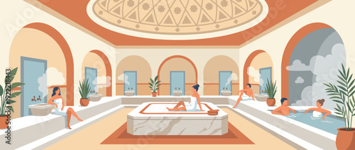 Flat Vector Illustration of a Traditional Turkish Hammam Bathhouse Interior with Domed Ceiling, Marble Surfaces, and People Relaxing in Steam, Basins, and Pool for Wellness and Spa Concepts.
