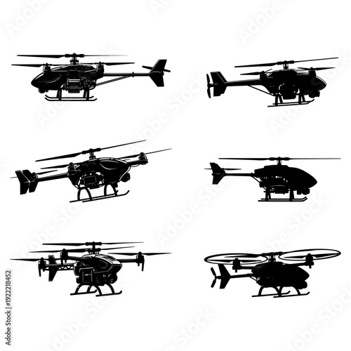 Helicopter Drone Silhouette Set for Tactical Surveillance and Military Technology Graphics