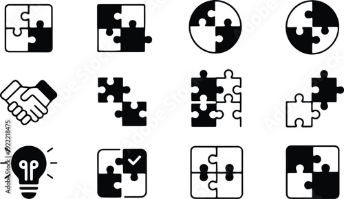 Puzzle Pieces Icon Set Vector Illustration – Jigsaw Symbol Collection, Business Solution and Teamwork Concept