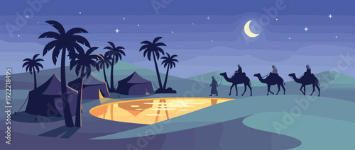 Flat Vector Illustration of a Serene Moonlit Desert Oasis at Night with a Camel Caravan, Bedouin Tents, Palm Trees, and a Glowing Water Pool under a Crescent Moon and Starry Sky Background