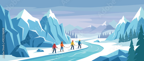 Flat Vector Illustration of a Group of Mountaineers Roped Together Trekking Across a Scenic Blue Glacier Path Surrounded by Majestic Snow-Capped Mountains and Pine Trees in a Winter Landscape.
