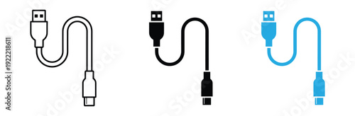 USB cable and digital connection icon vector. Symbol for data transfer, mobile charging, and electronic device hardware. Vector Illustration.