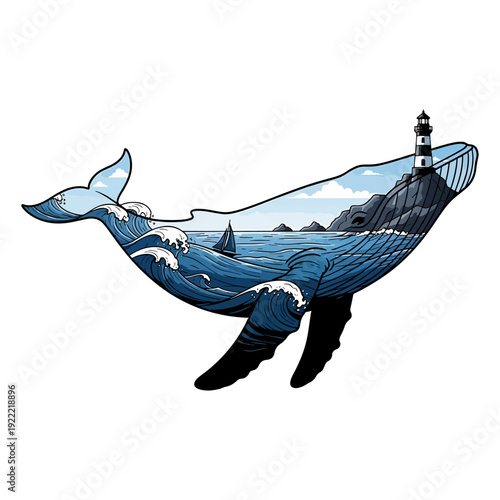 Surreal Blue Whale Silhouette Double Exposure with Lighthouse Ocean Waves and Sailing Boat Vector