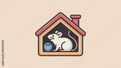 A white mouse sits inside a house with a red roof and chimney playing with a blue ball