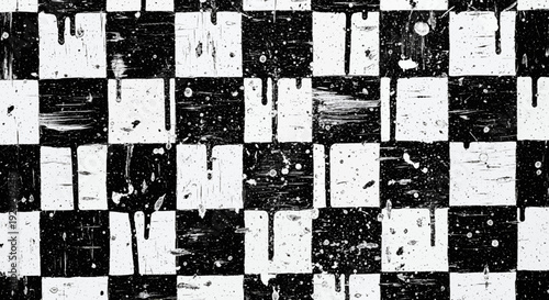 Abstract geometric pattern featuring black and white checkerboard with subtle pixelated distortions