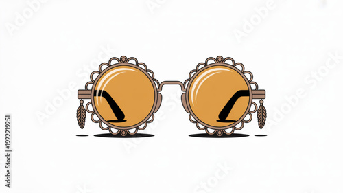 Vintage yellow sunglasses with floral frame and leaf details on white background