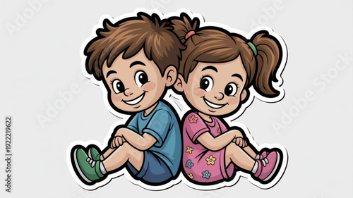 Two happy children sitting back to back smiling in casual clothes on white background