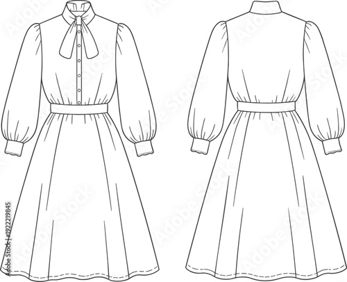 Women Long Sleeve Midi Dress with High Neck Bow Tie and Button Front Technical Fashion Line Art Illustration