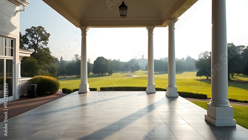 subjugated. Historic clubhouse veranda overlooking manicured golf greens at dawn. real-estate listings, architecture portfolios, designed for interior renovation comparisons for interiors.