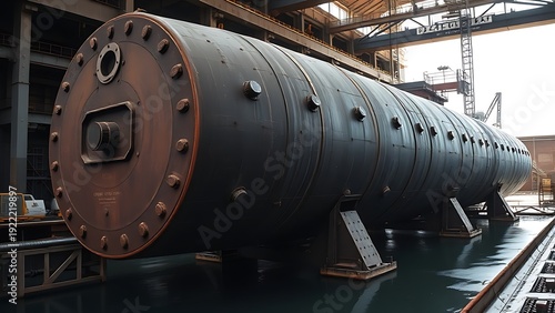 hydrologic. Massive steel caisson supported by jacks in an industrial dry dock setting. safety posters, maintenance manuals, designed for precision metalworking and fabrication facilities.