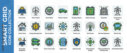 Smart Grid Icon Collection with 24 Flat Vector Icons for Renewable Energy, Power Distribution, Electric Vehicles, Smart Homes, Data Analytics, Microgrid, Battery Storage, and Sustainable Utility.