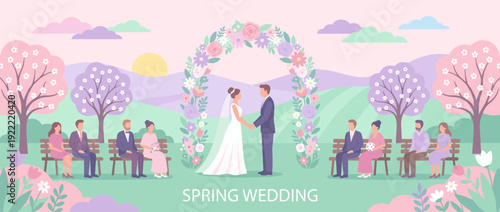 Flat vector illustration of a romantic spring wedding ceremony in an outdoor garden with a floral arch, bride and groom holding hands, guests on benches, blooming trees, and pastel landscape.