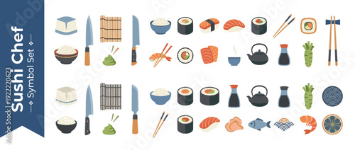 Comprehensive Vector Icon Set of 40 Sushi Chef and Japanese Cuisine Tools in Flat Design. Includes Sushi Rolls, Nigiri, Sashimi, Chopsticks, Soy Sauce, Teapot, Rice, Wasabi, Ginger, and Pro Knives.