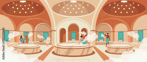 Flat Vector Illustration of a Traditional Turkish Hammam Bathhouse Interior with Domed Ceilings, Marble Massage Platforms, Steam, and People Relaxing in a Luxury Spa Wellness Center Environment.
