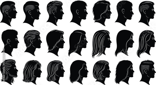 Mega collection of professional business people silhouettes in formal suits with pointing and presentation poses plus diverse avatar headshot icons isolated on white background