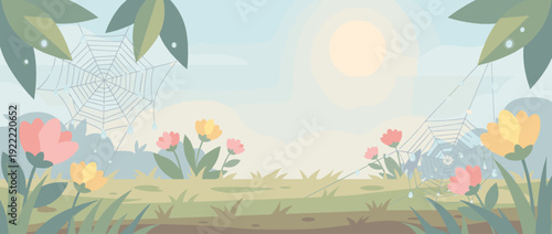 Flat Vector Illustration of a Peaceful Spring Morning in a Garden with Dew Drops Glistening on Spiderwebs Among Pink and Yellow Flowers under a Soft Sun, Serene Nature Landscape Background Design