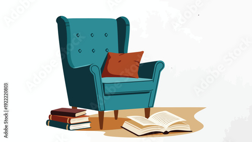 Teal wingback armchair with brown cushion standing near stack of hardcover books and open book on floor representing home library and reading time