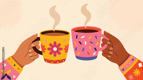 Two hands holding colorful decorated mugs with hot coffee or tea clinking together featuring floral and geometric patterns in warm autumn aesthetic