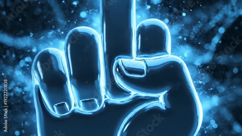 Digitally rendered hand with extended middle finger, glowing in luminous blue amidst particle trails