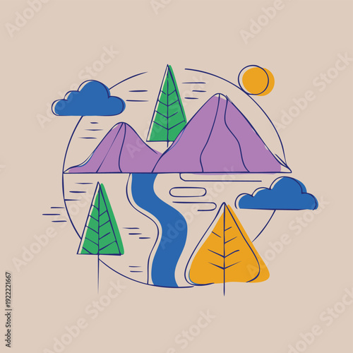 Vibrant abstract illustration of a serene natural landscape with mountains, trees, a river, and a sun in a circular frame, evoking a sense of peace and natural beauty